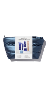 A dark blue puffy kit with 6 pieces of Hydropeptide travel sized products.